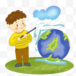 地球水滴图片_节约用水的小男孩