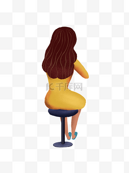 美女背影手绘图片_手绘卡通高脚凳上的黄连衣裙长发