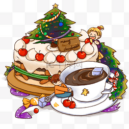 蛋糕咖啡图片_圣诞节美食蛋糕咖啡人物免抠素材
