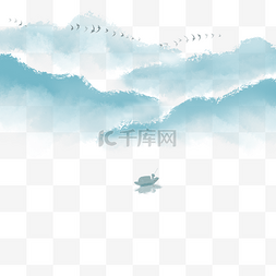远处的房景图片_卡通手绘中国风山峰划船的人
