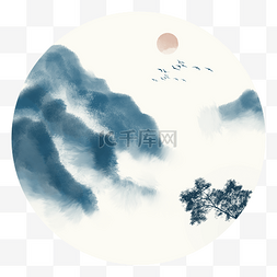 中国风青色水墨山水装饰元素