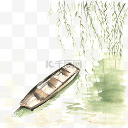 船手绘png图片_柳树下的船水墨画PNG免抠素材