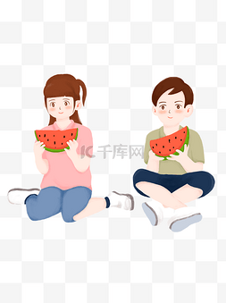 大暑手绘小孩图片_小清新一起吃西瓜的小孩可商用元
