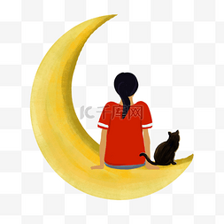 卡通手绘夏天月亮上的那女孩与猫