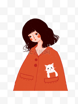 女孩和猫手绘图片_手绘女生和小奶猫psd插画素材