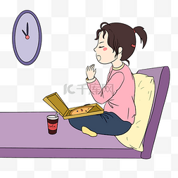 手机电视插画图片_冬季宅在家的小女孩在吃零食手绘