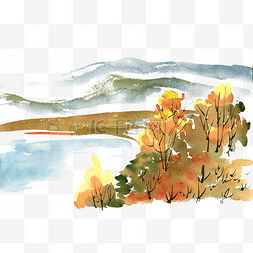 秋季的湖畔水彩画PNG免抠素材