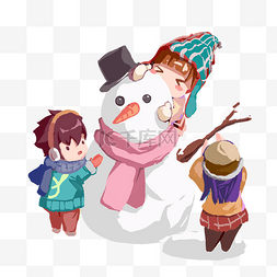 免抠孩子堆雪人图片_冬季暖色系卡通手绘风孩子们堆雪