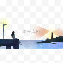 简约海边背景图片_人物女孩与海边景色背景边框