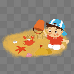 男孩的帽子卡通图片_夏至沙滩上玩沙子的小孩插画PNG