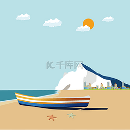 自然美景插画图片_手绘矢量沙滩海岛风景插画