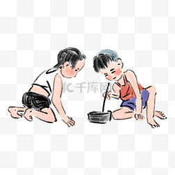 蛐蛐洞穴图片_水墨斗蛐蛐的小孩插画