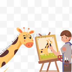 长长的图图片_绘画中的男孩和长颈鹿免抠图