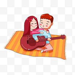 吉他情侣图片_坐在毯子上弹吉他的亲密情侣