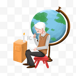 红色小凳子图片_地球一小时看书的老人插画