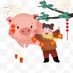 鞭炮插画图片_新年贺新春的小女孩和金猪