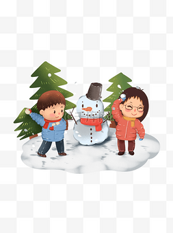 打雪仗堆雪人儿童插画元素