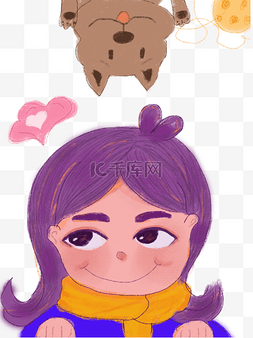 紫发女孩图片_儿童绘本蜡笔画紫发女孩和狗狗
