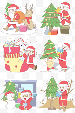 手绘红色圣诞树图片_圣诞老人合集插画