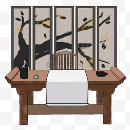 书桌和酒图片_复古古代中国水墨风书桌屏风