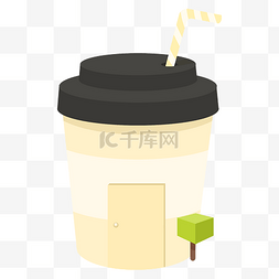 奶茶杯吸管图片_奶茶杯2.5D扁平化立体房子