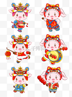 新年吉祥动物图片_2019猪年新年红红火火手绘卡通吉