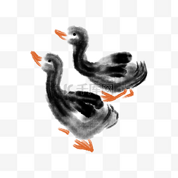 水墨动物插画图片_水墨动物散步的鸭子