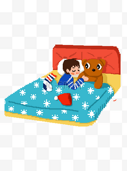 睡觉的小男孩图片_手绘卡通圣诞节夜晚搂着玩具熊睡