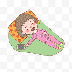少女睡觉图片_卡通手绘人物躺着玩手机女孩