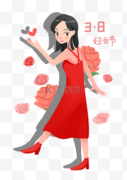 国际妇女节穿着红色连衣裙的女孩