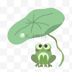 绿色手绘青蛙图片_手绘站在荷叶下的青蛙插画