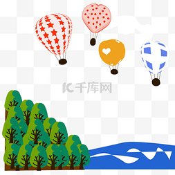 海边森林天空中飞翔的热气球