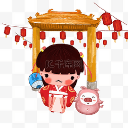 猪猪手绘插画图片_春节逛庙会祈福的女孩和猪猪