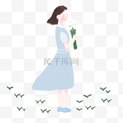 清明节踏青采花的少女插画