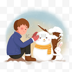 手绘雪人素材图片_手绘冬季卡通男孩堆雪人
