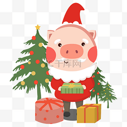 卡通手绘猪年可爱小猪过圣诞节树