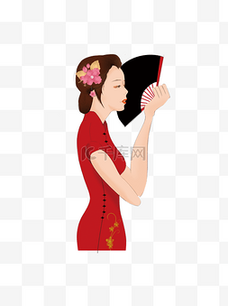 穿红色旗袍手拿折扇的卡通女人