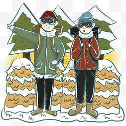 双人冬季雪地登山小场景