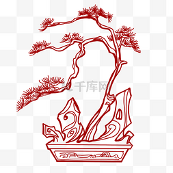 红色古风植物图片_中国风红色剪纸青松盆栽