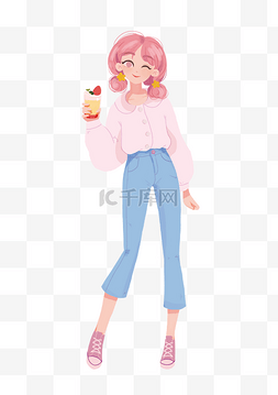 草莓女孩插画图片_蛋糕冰淇淋草莓水果女孩
