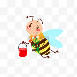 抱着花提水桶的卡通可爱蜜蜂PNG