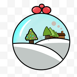 圣诞节雪地卡通图片_手绘圣诞节雪地松树小屋插画