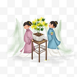 重阳节手绘古人赏菊