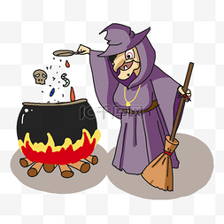 女巫师图片_万圣节卡通手绘插画熬制毒药的巫