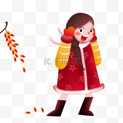 红色鞭炮装饰图片_新年放鞭炮的小女孩