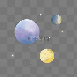 蓝色手绘星球图片_水彩插画风星球群