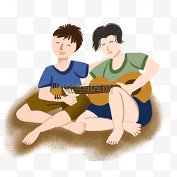 手绘吉他男孩图片_卡通手绘坐在地上弹吉他的男孩