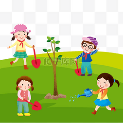 4个小朋友一起植树