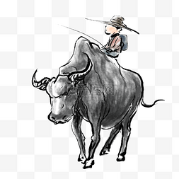 骑在牛背上的儿童水墨画
