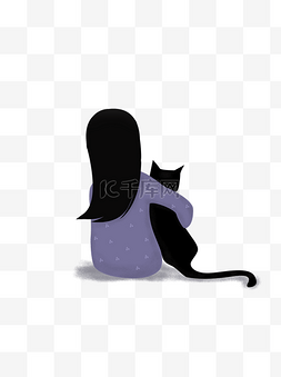 女孩扁平化插画图片_卡通抱着猫的女孩背影psd插画